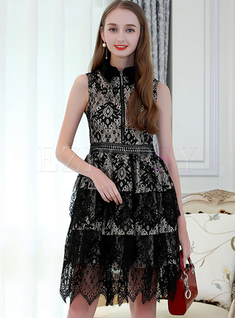 Black Lapel Lace A-line Dress